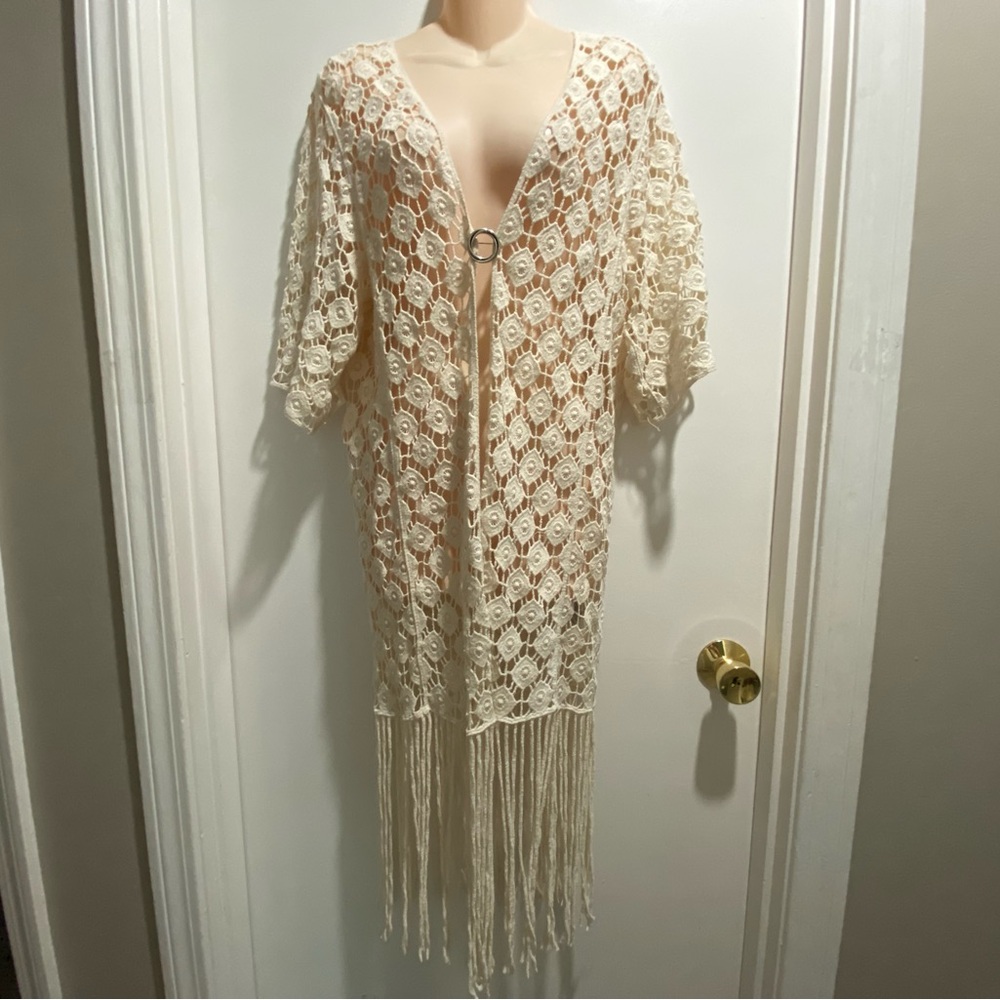 Fairy Festival 20s Fringe Cotton Cottage Coastal Crochet Duster Long Cardigan M